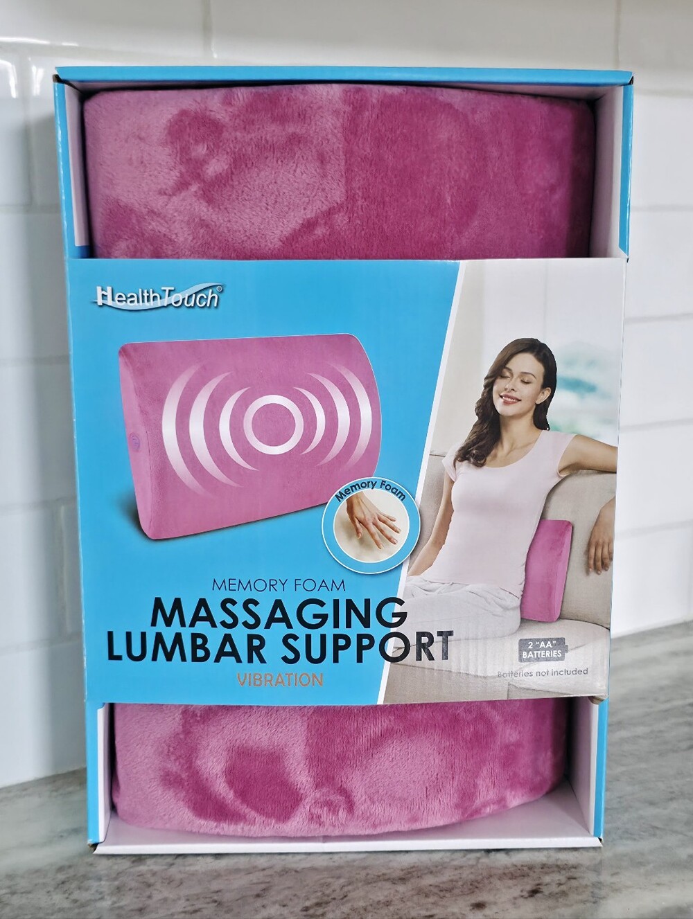 Health Touch | Pink Memory Foam Massaging Lumbar Support Vibration Pillow